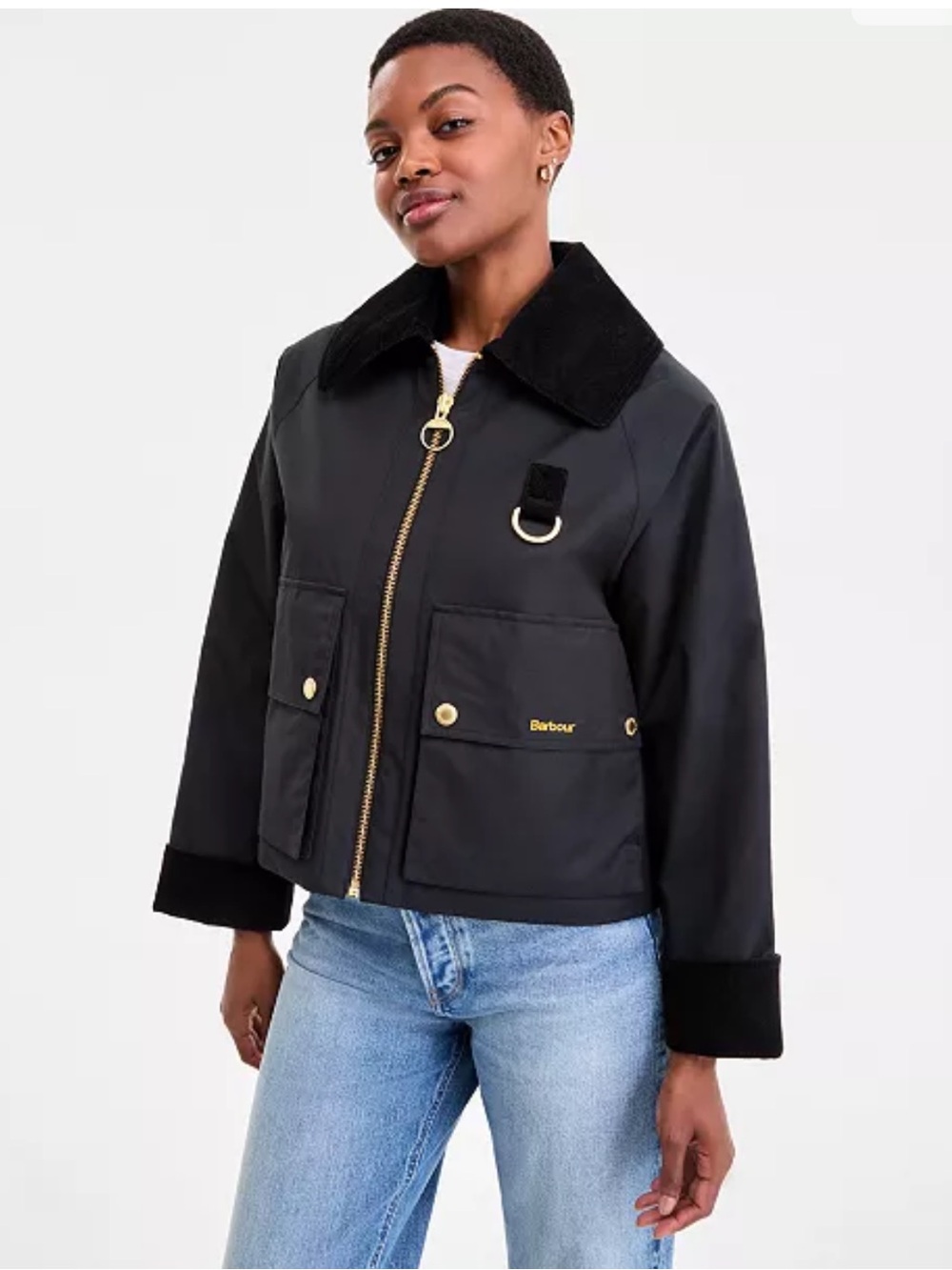 NWT New Barbour 12 Nora Casual Black Cropped Utility Jacket Corduroy Trim Gold